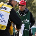 JRNYMN sighting on the tour: Tommy Anderson (right), John Cook's caddy, wearing the Team JM cap on the 18th green at the Toshiba Classic. Photo by Jim Collins