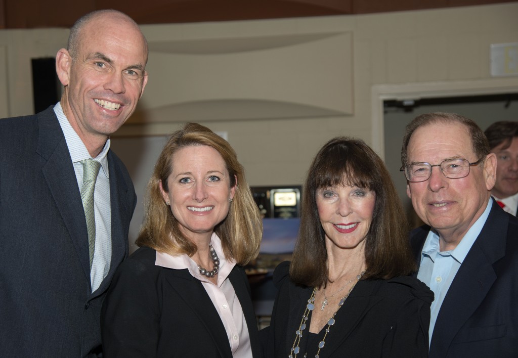 (left to right) Sage Hill Head of School Gordon McNeill, board of trustees chair Vicki Booth, and supporters Julia and George Argyros. — Photo by Charles Weinberg