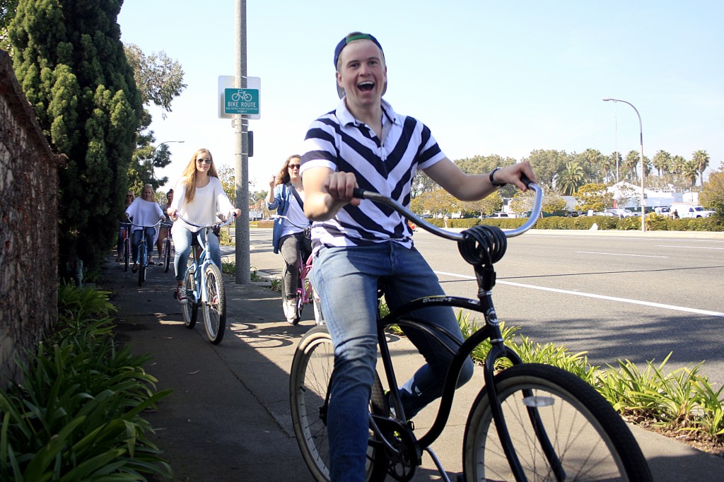 A group of cyclists ride south on Coast Highway on Thursday, near Newport Center Dr. — Photo by Sara Hall ©