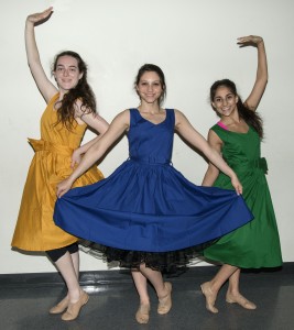 (right to left) Junior Liliana Dawidoff, 17, sophomore Rachel Wagscshal, 16, and freshman Kendall Kurzweil, 14, strike a pose from next week’s show.