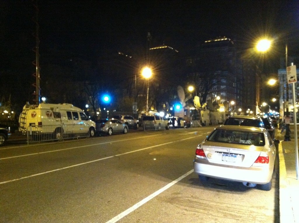 Media crews line the street outside Newport Beach resident and Boston Marathon runner, Joshua Beisel’s hotel on Monday after the bombing. — Photo courtesy Joshua Beisel  