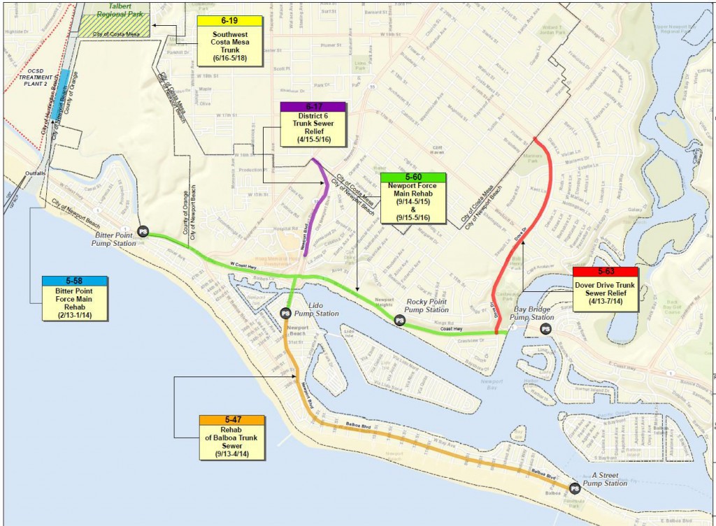 A map of the upcoming sanitation construction projects in the Newport Beach area. — Provided by the Orange County Sanitation District