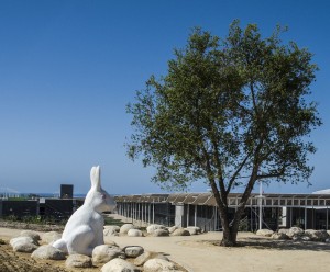 Official rabbit greeter ready for grand opening of Newport Beach City Hall  — Photo by Lawrence Sherwin