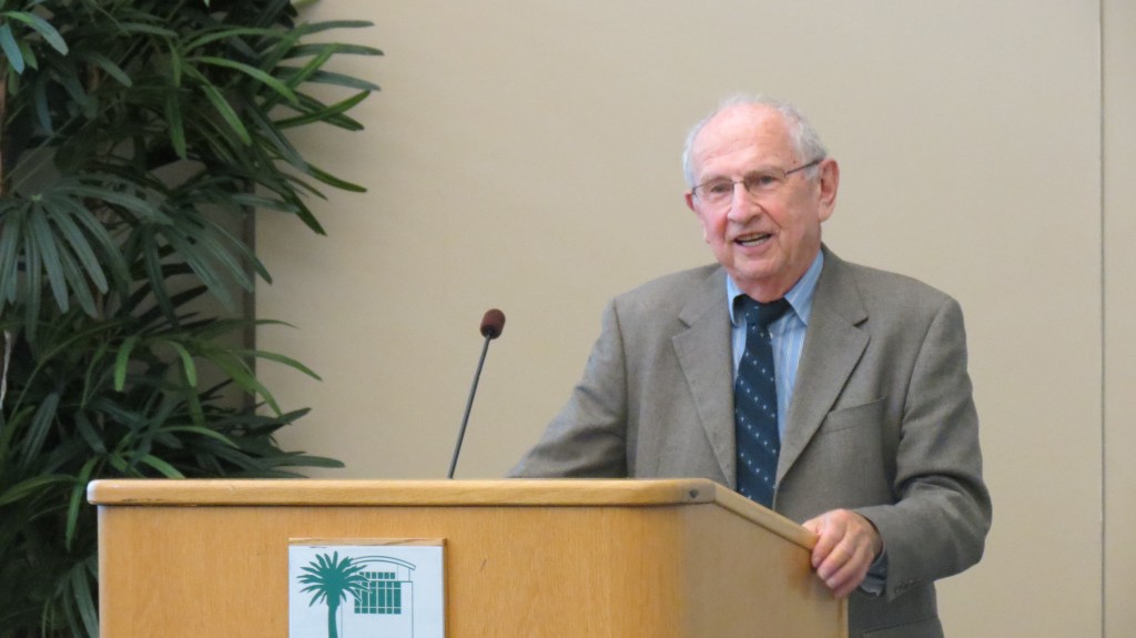 Jack Pariser, 84, of Laguna Beach, talks about his experience as a Holocaust survivor during Monday’s opening event at the library. 