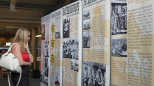 A woman reads a panel at the exhibit. 