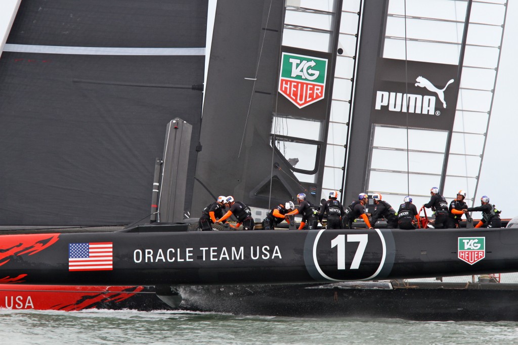 ORACLE TEAM USA is pictured during a practice session rounding mark 1.