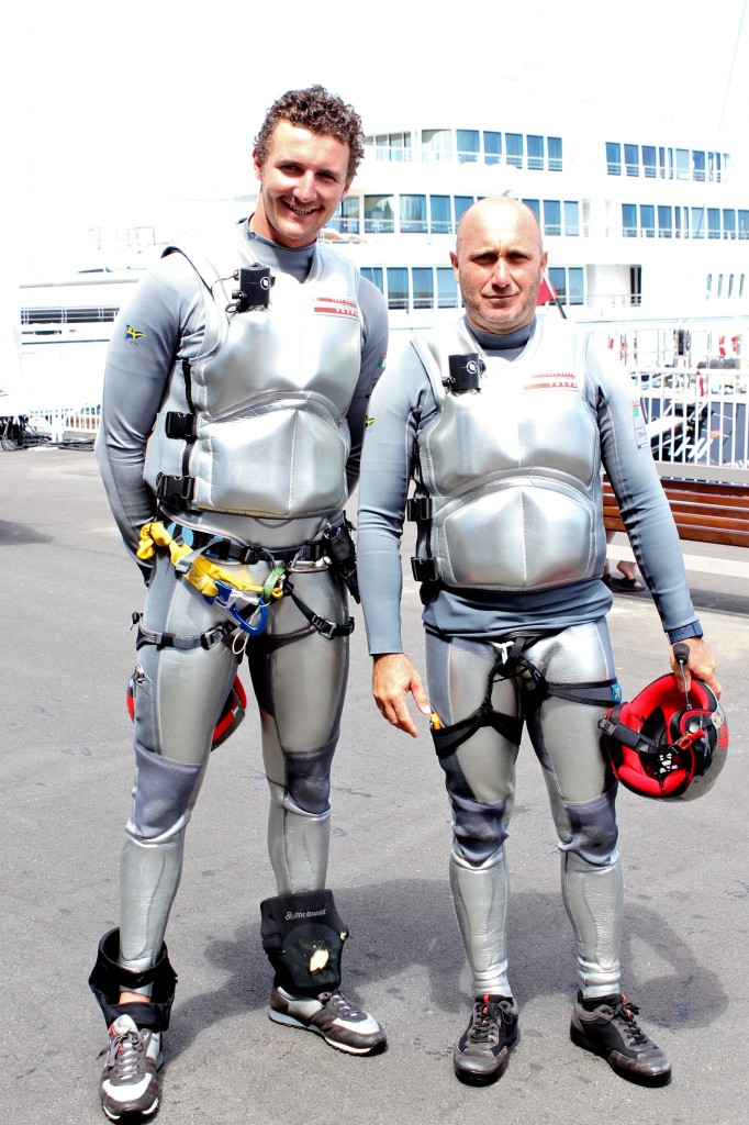 Pictured: Giles Scott, trimmer and Max Sirena, Skipper, of Luna Rossa, in their new sailing suits.  