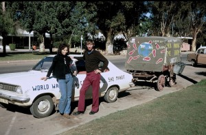 Jenni Samuel and Dave Kunst in Mildura, Australia, after Kunst's mule died and Samuel agreed to tow his wagon the rest of the way.