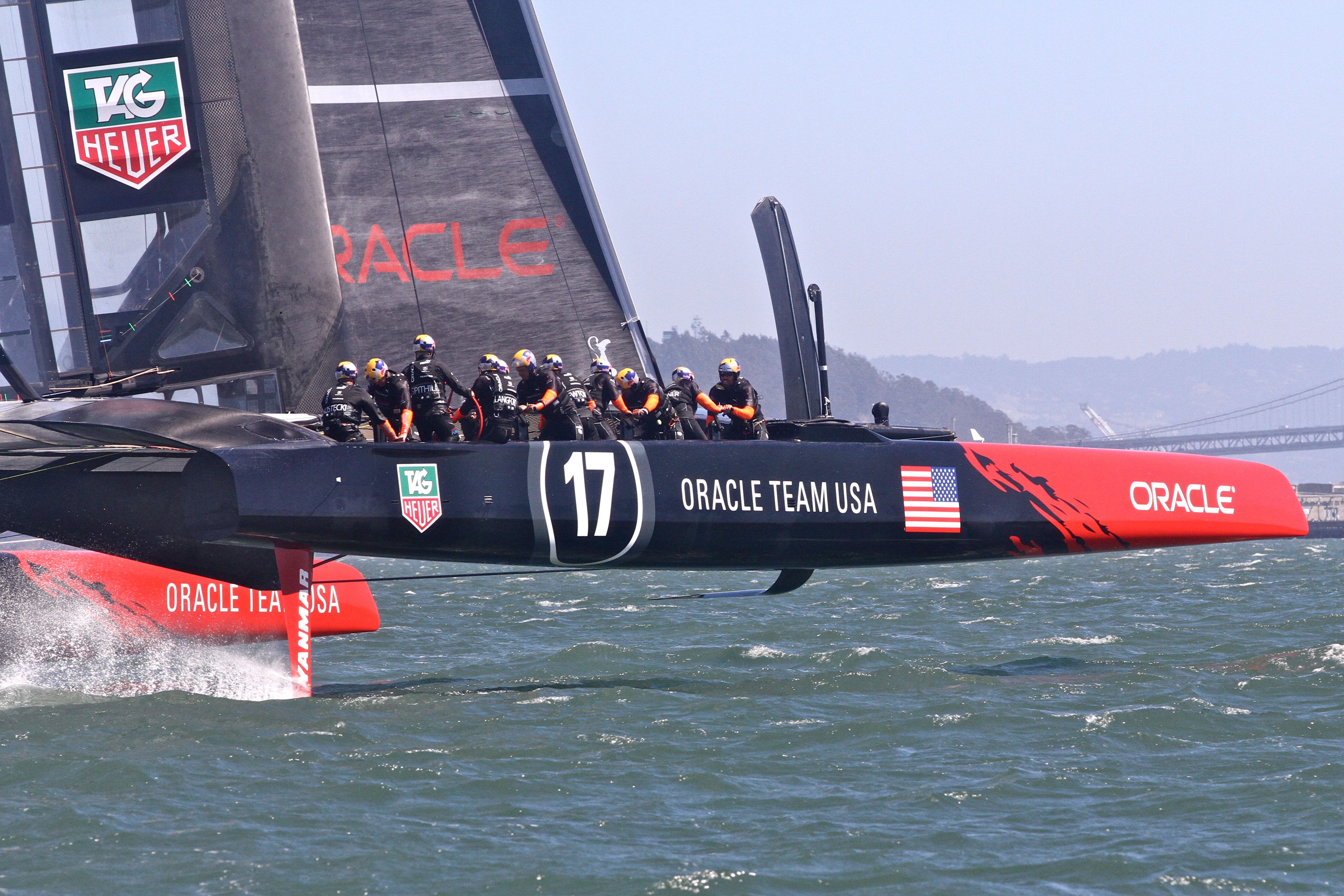 The yacht of the US-American BMW Oracle Team is pictured during the Louis Vuitton  Cup regatta forming part of the America's Cup,Valencia, Spain, 23 April  2007. Once more no regatta could be