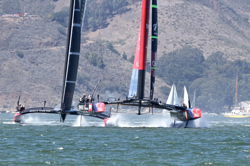 Team New Zealand and Oracle Team USA in a close race