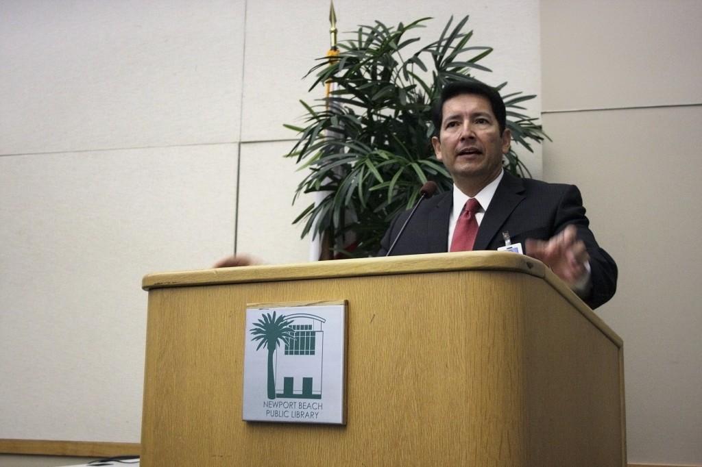 Newport-Mesa Unified School District superintendent Fred Navarro speaks to the crowd at the Chamber of Commerce’s Wake Up! Newport event on Thursday morning.