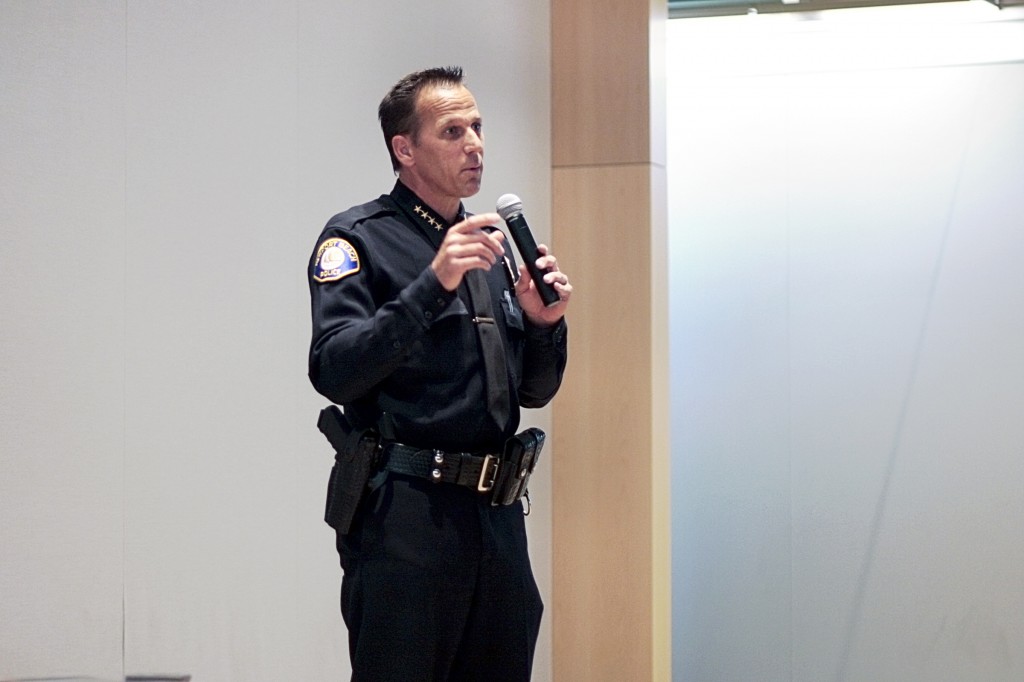 Newport Beach Police Department Chief Jay Johnson addresses residents at the Speak Up Newport meeting on Wednesday.