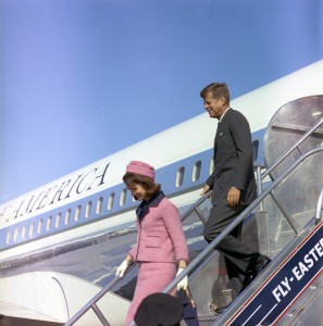 Nov. 22, 1963, President and Mrs. Kennedy descend the stairs from Air Force One at Love Field in Dallas, Texas.    — Photography by Cecil Stoughton/John F. Kennedy Presidential Library and Museum, Boston.