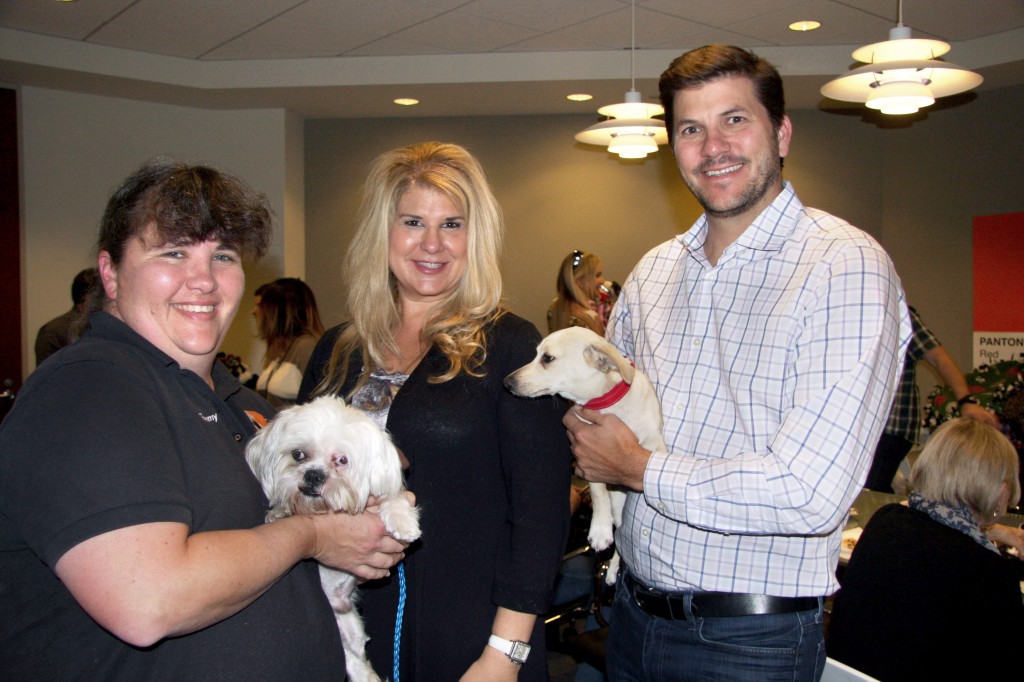 (left to right) Tammy Osborn, Adoption Partner Coordinator for OC Animal Care, with shelter pup Jack Frost, Karen Weinberg, HÔM CFO, and Bob Bonanno, HÔM President with Barney.