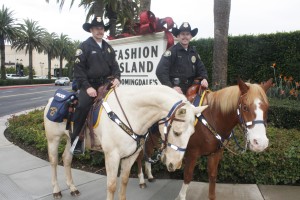 Ofc Matt Graham (left) rides Pistol and Ofc Shawn Dugan rides Levi as they patrolled Fashion Island on Black Friday.