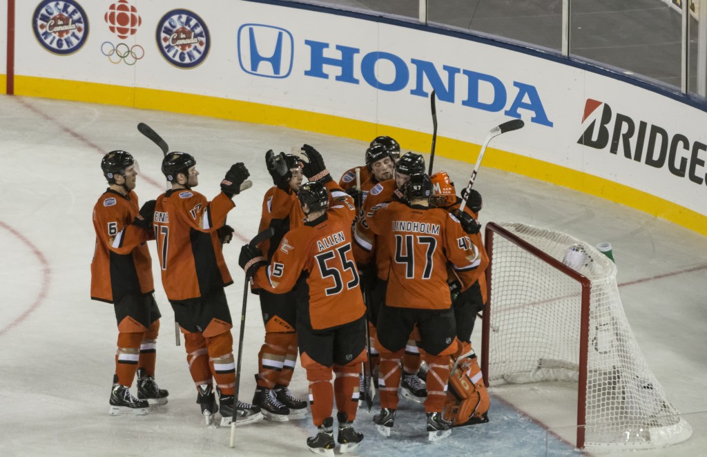  Ducks celebrate their 3-0 win