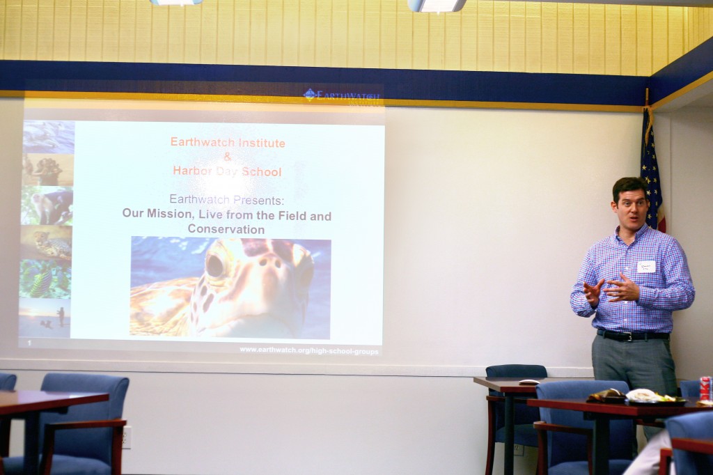 James Fry speaks to a group of Harbor Day School staff and parents about Earthwatch.