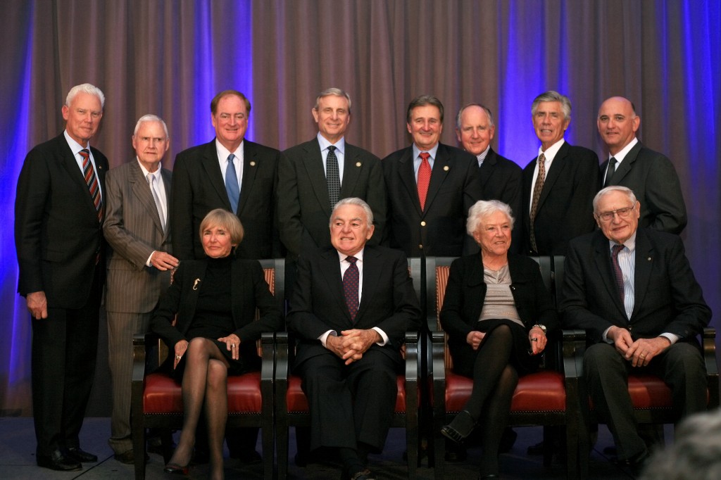 Former mayors pose for a group photo at the event. Left to right, top row: Rush Hill, Dennis O'Neil, Keith Curry, Mike Henn, Ed Selich, John Heffernan, Tod Ridgeway and Steve Rosansky. Left to right, bottom row: Nancy Gardner, John Cox, Evelyn Hart and Milan Dostal. — All photos by Sara Hall