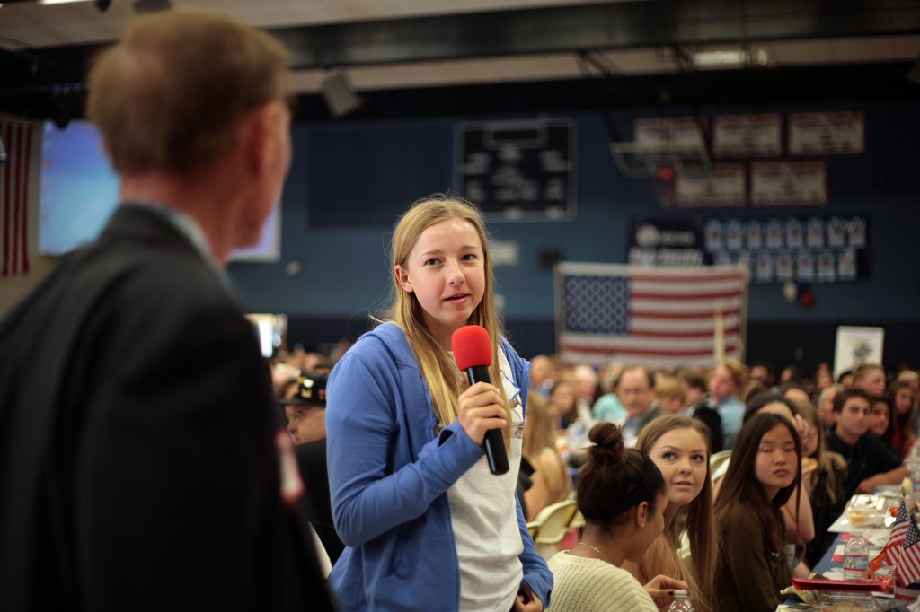 Katie Gerlt, 15, introduces her grandfather Terry Rooselot.