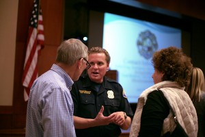 Newport Beach Community Preparedness Coordinator, Matt Brisbois, speaks with residents after the workshop.