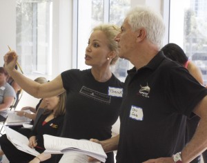 CHOC Follies cast members Pamela Roossin and Chris Schulz discuss a musical number during a break in a rehearsal 