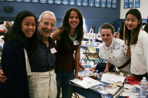 (left to right) Milan Francisco, 15, U.S. Air Force WWII veteran James Powers, 93, of Irvine, Hannah Crane, 16, Kendra Elieff and Cindy Lu, both 15, pose for a group photo after the luncheon Thursday.