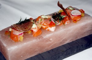 “Live on Stage” Scottish salmon on Himalayan salt “stage”