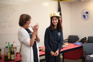 Karina Grover gets crowned Pi Queen on campus by math teacher Meggen Stockstill after reciting 3,000 digits of pi on National Pi Day.