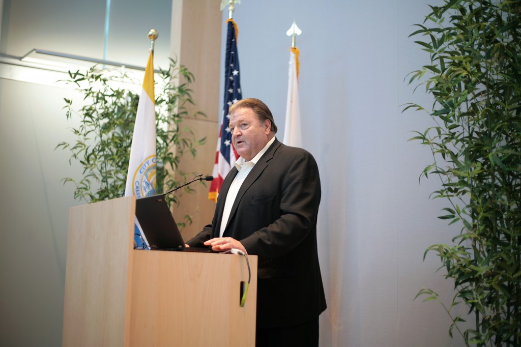 Garry Brown, founder and president of Orange County Coastkeeper, discusses the organization and coastal issues at the Speak Up Newport meeting on Wednesday. — Photo by Sara Hall