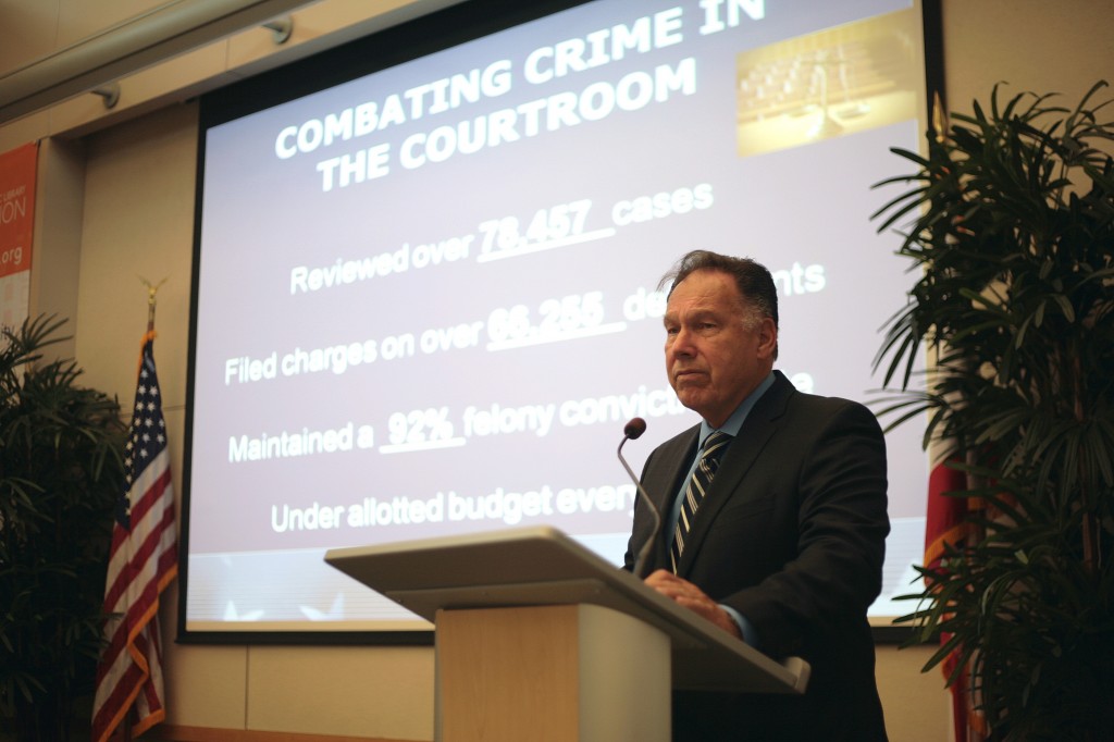 Orange County District Attorney Tony Rackauckas speaks at the Chamber of Commerce’s monthly Wake Up! Newport meeting on Thursday.