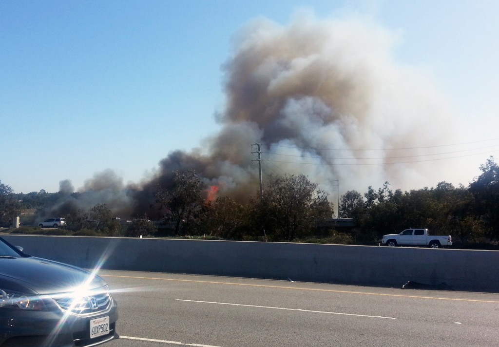 The vegetation  fire near Jamboree Road and Bayview Way on Wednesday afternoon. — All photos by Christopher Trela