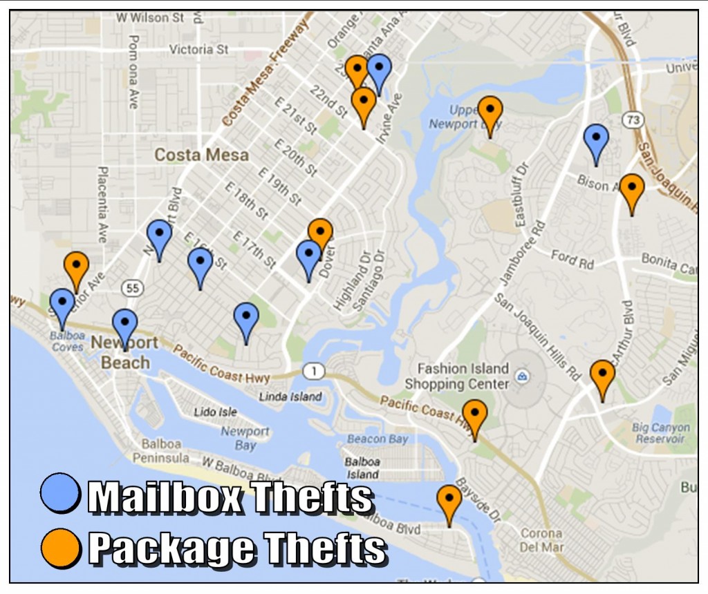 A map of recent mail and package thefts — Photo courtesy Newport Beach Police Department ©