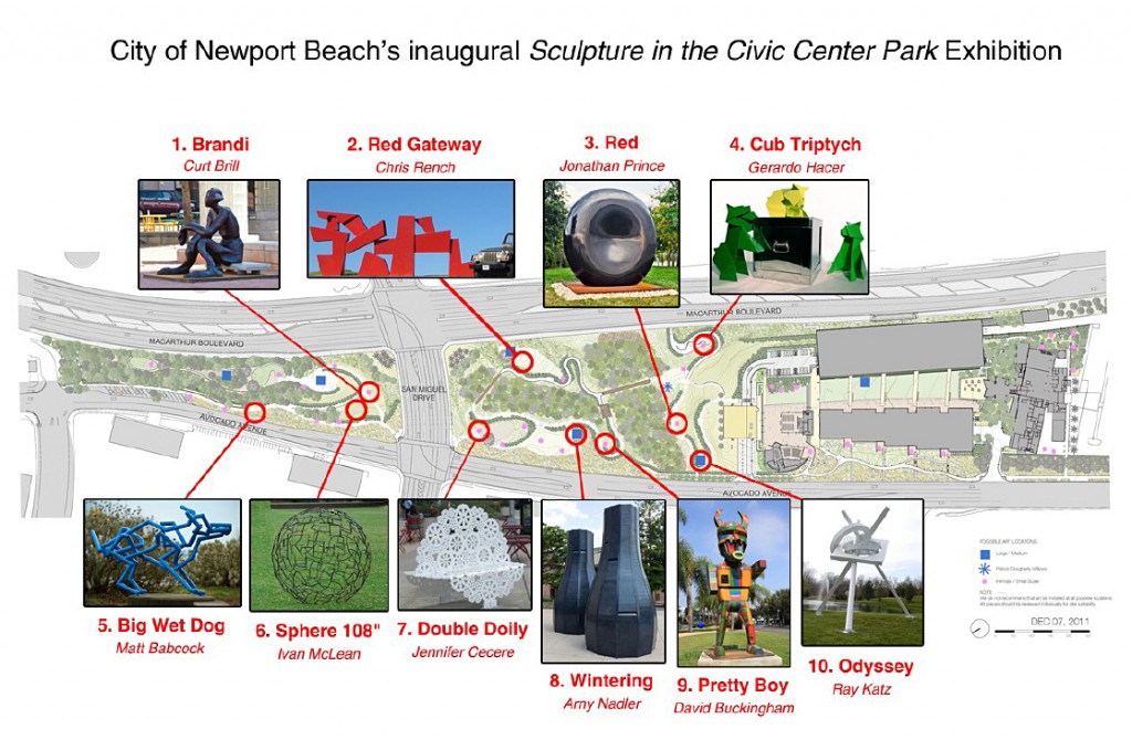 The 10 approved sculptures and their locations within Civic Center Park. Click to enlarge. — Photo courtesy city of Newport Beach