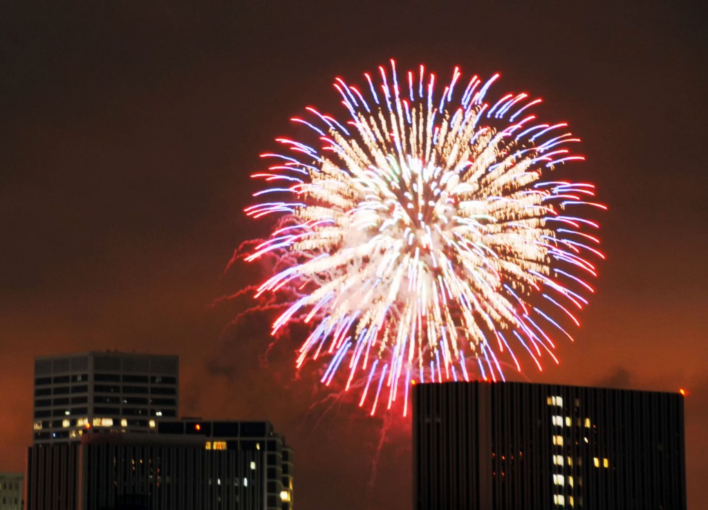 Fireworks over Fashion Island. — Photo by Lawrence Sherwin ©