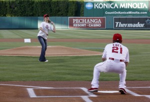 Michelle Wulfestieg throws out first pitch