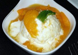 Grand Marnier glazed apricots atop their signature house-made goat cheese maple ice cream