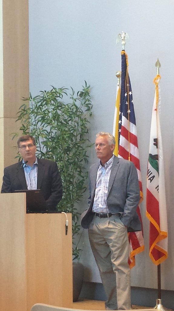 Harbor commissioners Brad Avery and Dave Girling answer questions about the multiple vessel mooring system and water taxi pilot programs at Speak Up Newport on Wednesday. — NB Indy Photo ©