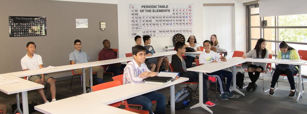 Students wait for the first day of class to begin in the brand new science center at Sage Hill School. — Photo by Charles Weinberg ©