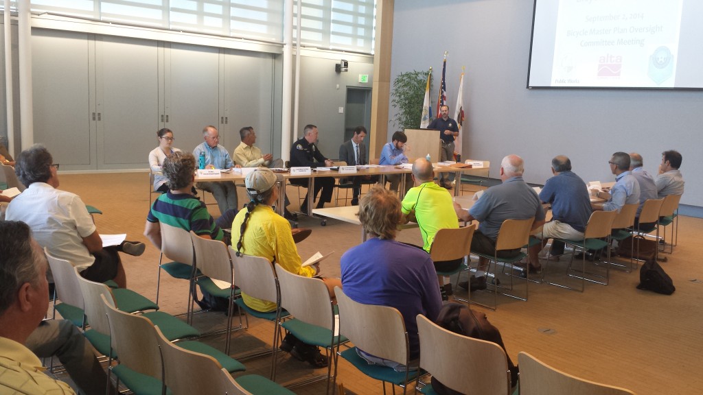 The crowd listens to Brad Sommers, senior civil engineer in the city’s Public Works Department, present the final draft of the Newport Beach Bicycle Master Plan during a BMP Oversight Committee meeting on Tuesday. — NB Indy photo ©