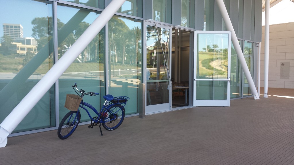 A bicycle stands outside the Community Room at the Civic Center during the Newport Beach Bicycle Master Plan Oversight Committee meeting. — NB Indy photo ©