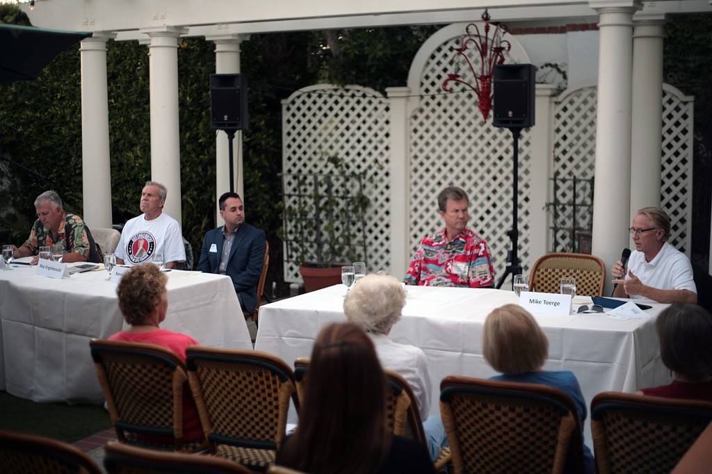 City Council candidates (left to right) Tim Brown, Roy Englebrecht, Kevin Muldoon, Scott Peotter and Michael Toerge answer questions at Newport Beach Women’s Democratic Club’s forum last week. — Photo by Sara Hall ©