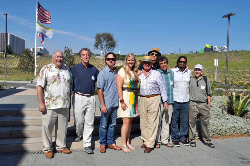 (left to right) Richard Stein with Arts OC, Curt Brill creator of Brandi, David Aeppi from Display Service art installation, Rebecca Ansert from Green Public Art Consultancy, Robert Smith from City Arts Commission and Sculpture Exhibition chairman, David Buckingham Pretty Boy artist, Ivan McLean Sphere 112 creator, Gerardo Hacer Cub Triptych sculptor, and Matt Babcock Big Wet Dog artist. — Photo by Katherine Mielke ©