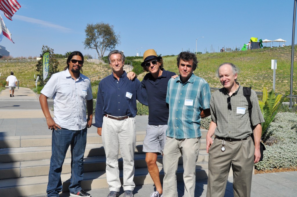 The artists that attended the exhibition pose for a photo during the event: (left to right) Gerardo Hacer (Cub Triptych), Curt Brill (Brandi), David Buckingham (Pretty Boy), Ivan McLean (Sphere 112), and Matt Babcock (Big Wet Dog) — Photo by Katherine Mielke ©