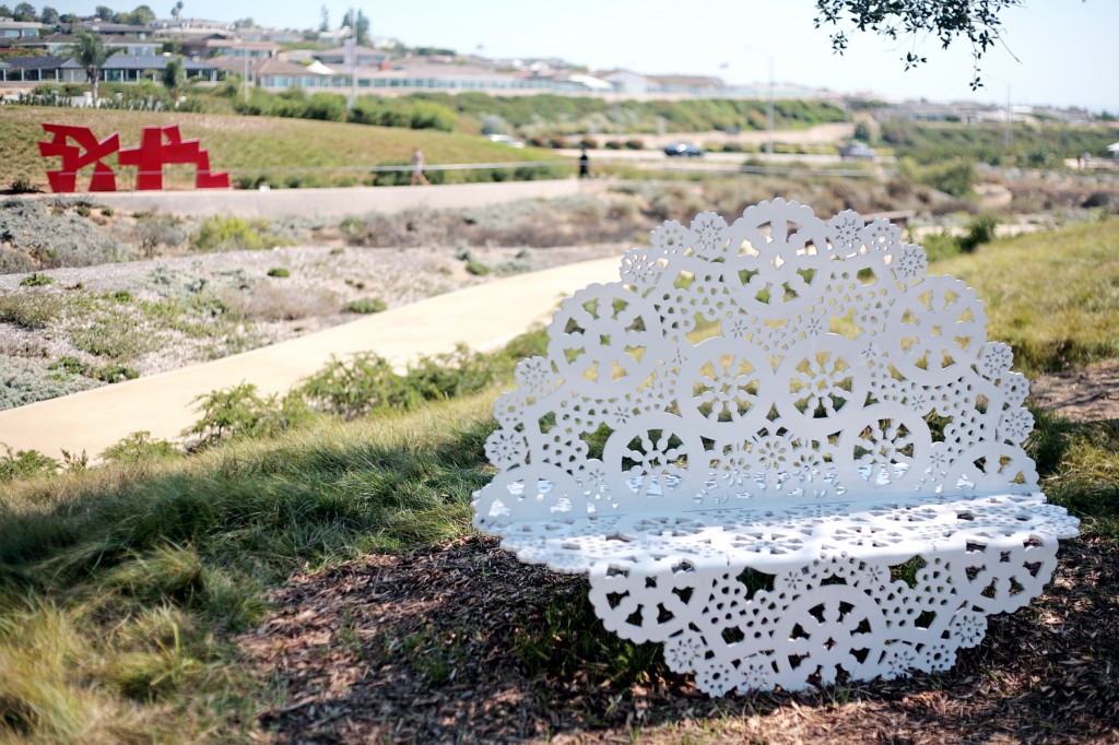 Jennifer Cecere’s Double Doily bench provides a nice view of the rest of the Civic Park. — Photo by Sara Hall ©