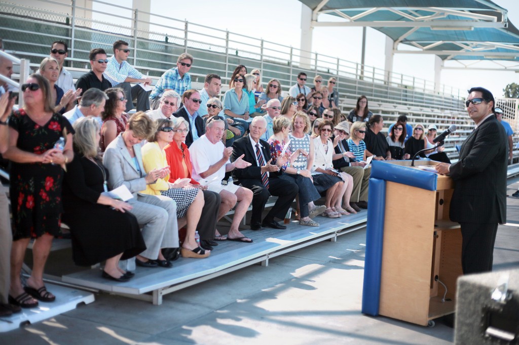 NMUSD Superintendent Dr. Frederick Navarro introduces notable guests in attendance at the CdM aquatics center unveiling ceremony Tuesday. — Photo by Sara Hall ©