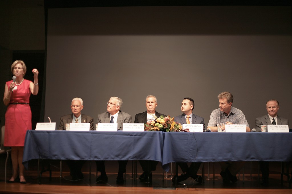 (left to right) Diane Dixon, who is running unopposed for District 1; incumbent Mayor Rush Hill for District 3; Tim Brown, Roy Englebrecht and Kevin Muldoon for District 4; and Scott Peotter and Mike Toerge for District 6. — Photo by Sara Hall ©