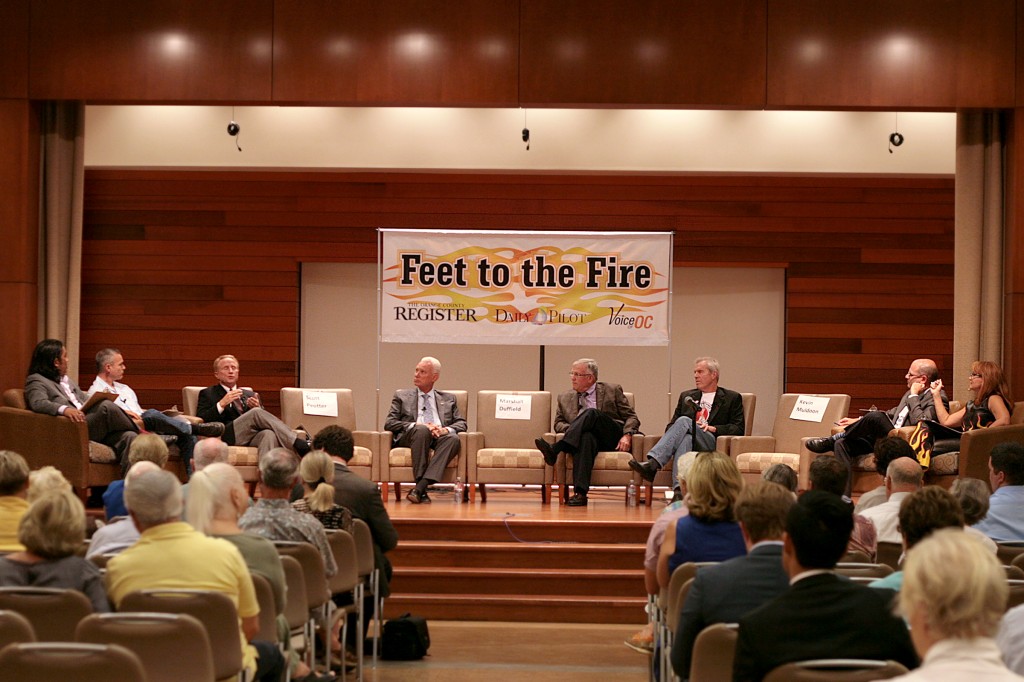 City council candidates and journalists discuss hot topics concerning Newport Beach on Wednesday during the Feet to the Fire Forum. (left to right) Jack Wu, former Indy columnist and now with the Orange County Register, Norberto Santana Jr., editor-in-chief of Voice of OC, candidates Michael Toerge (district 6), Rush Hill (district 3), Tim Brown (district 4), Roy Englebrecht (district 4), John Canalis, F2F co-creator and Daily Pilot editor, and F2F co-creator and moderator and Daily Pilot columnist Barbara Venezia. — Photo by Sara Hall ©