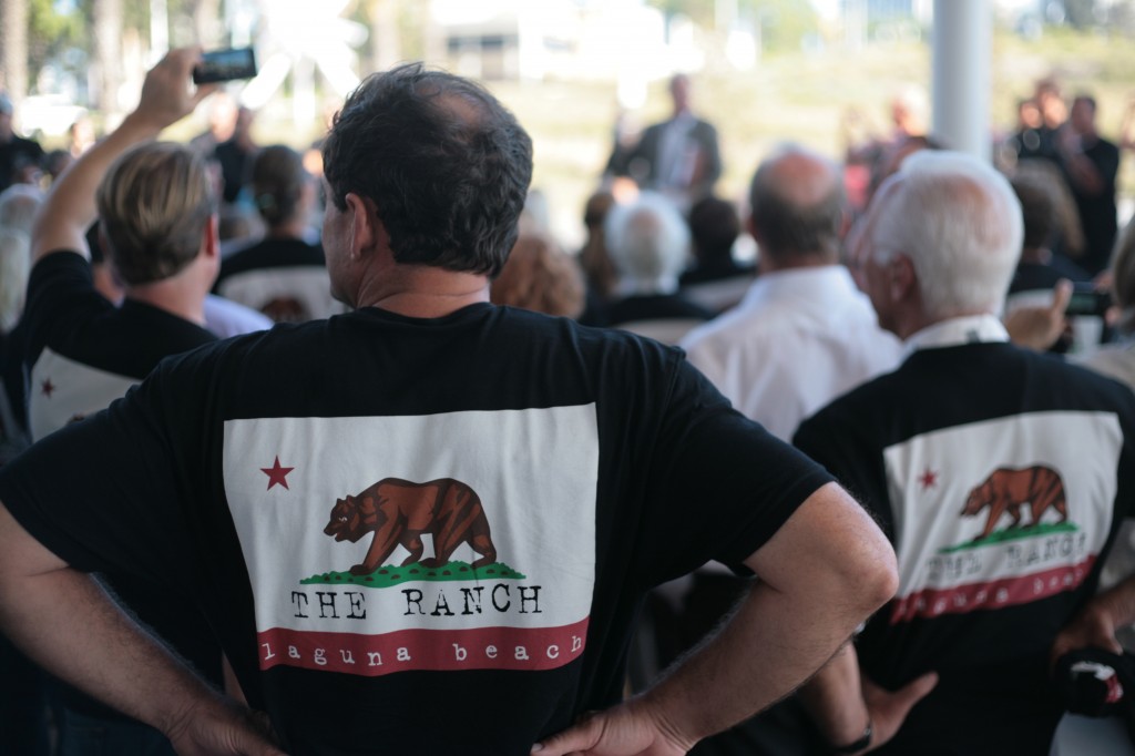 Supporters of The Ranch in Laguna Beach listen to owner Mark Christy after he spoke with CCC about his project during public comment at Wednesday's meeting. — Photo by Sara Hall ©