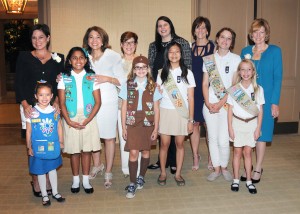 Honorees with Girls: (Back row from left) Celebrate Leadership honorees Betty Mower Potalivo, Dr. Mildred Garcia, Joanne Leatherby, Jane Buchan, Lynn Jolliffe, Sheriff Sandra Hutchens with Girl Scouts (front row from left) Kassidy Lee, Alexandra Vasquez, Gracie Finley, Sharleen Loh, Christina Meyer and Moira Clark.