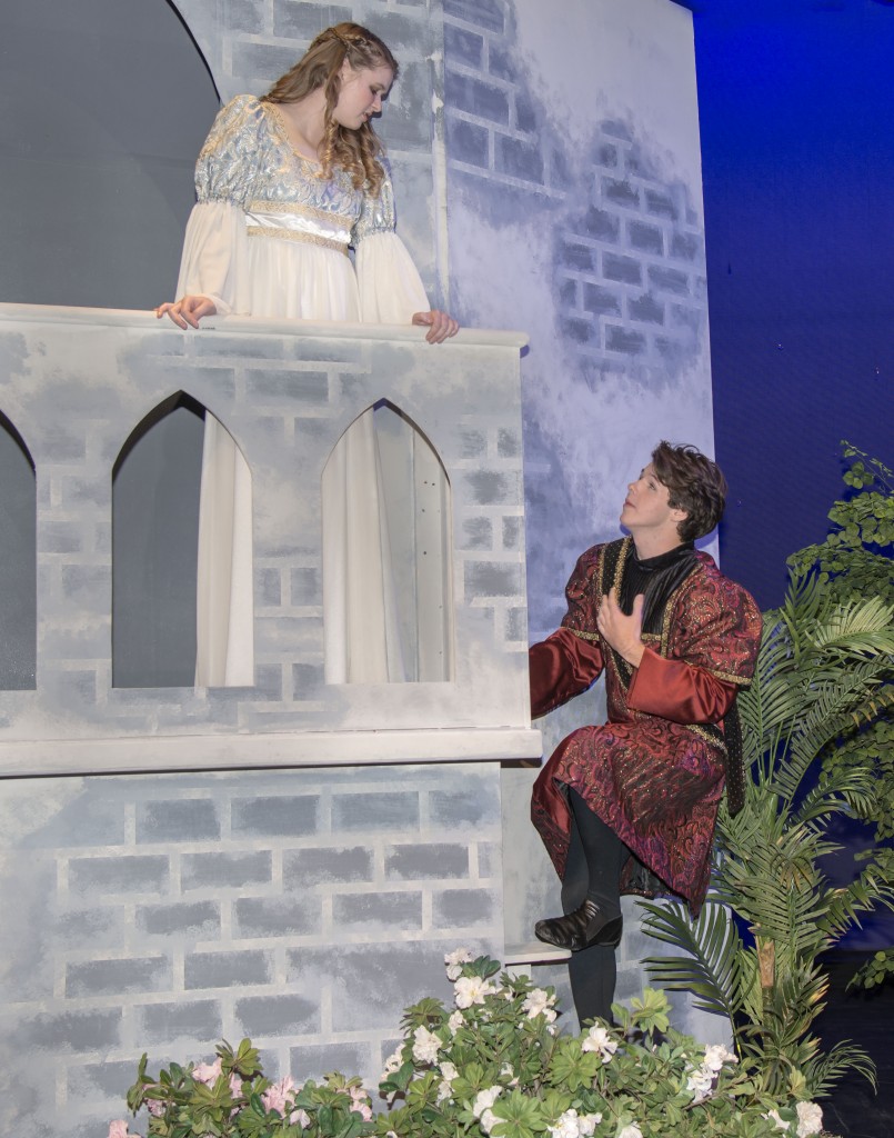 Seniors Claire McCarthy, 17, and Cody Call, 18, perform the iconic balcony scene from "Romeo and Juliet." — Photo by Charles Weinberg